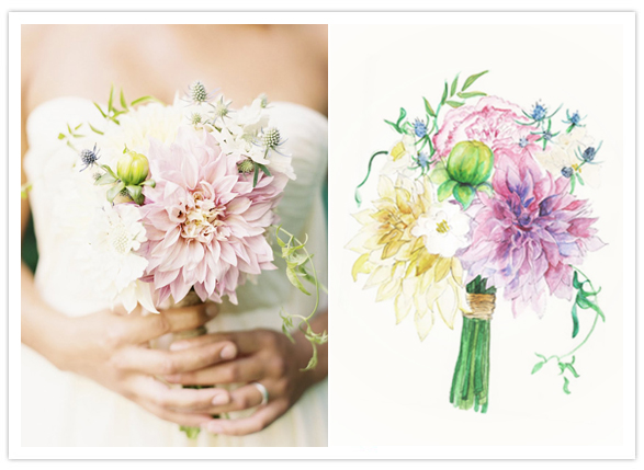 watercolor dahlia wedding bouquet