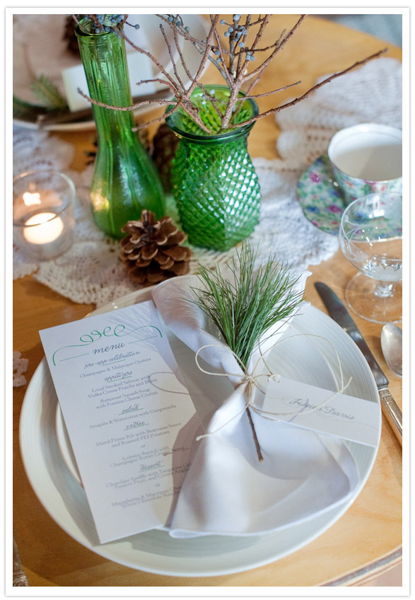 green and white place setting