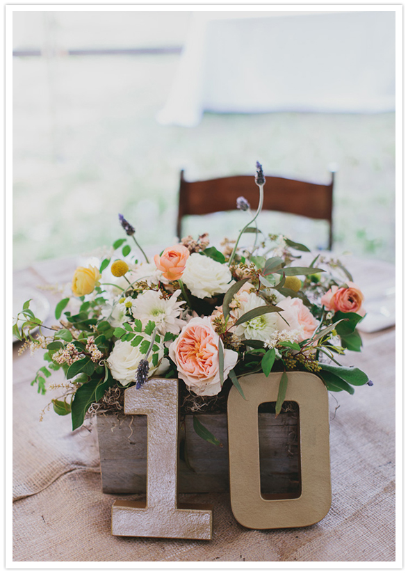 pastel floral arrangements & cardboard table number