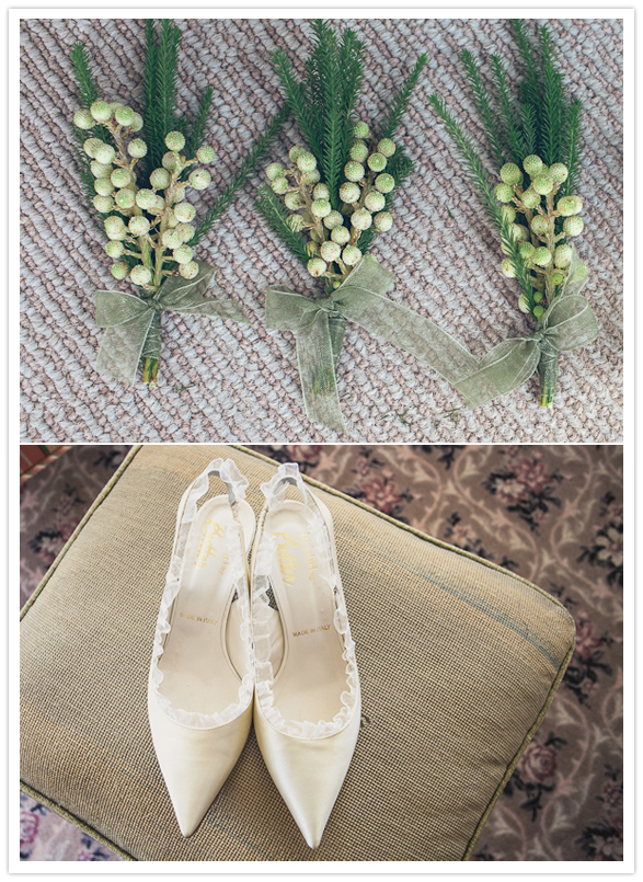 simple bulb boutonnieres and white satin wedding shoes
