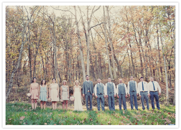 bridal party photos in the forest