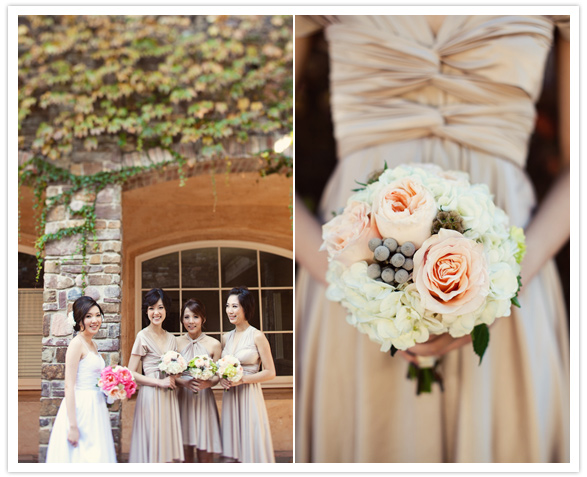 tan bridesmaids' dresses and peach bouquets