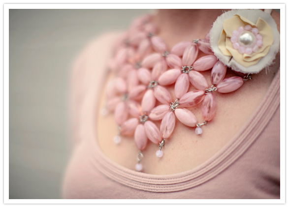 ornate pink flower bib necklace