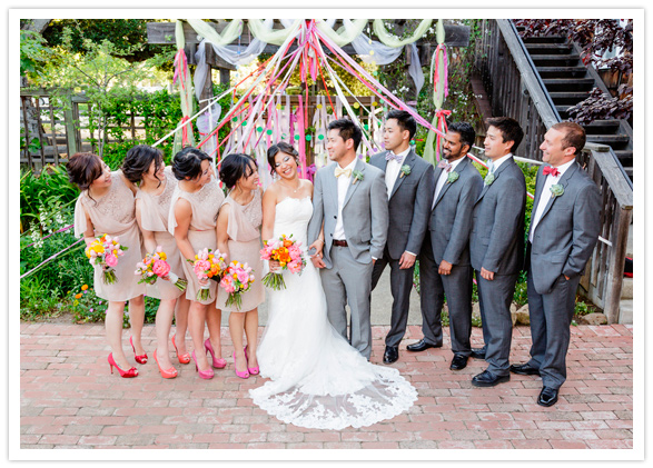 colorful streamer group wedding photo