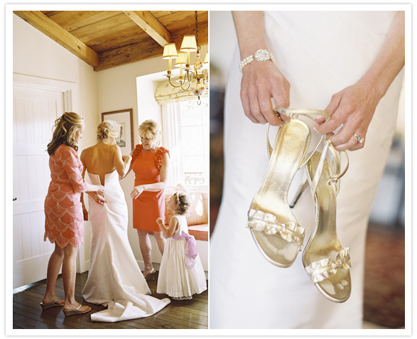 Palazzo wedding dress and Gucci gold shoes