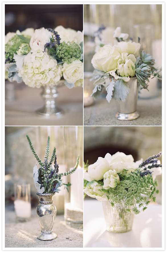 white roses and lavender flower arrangements 