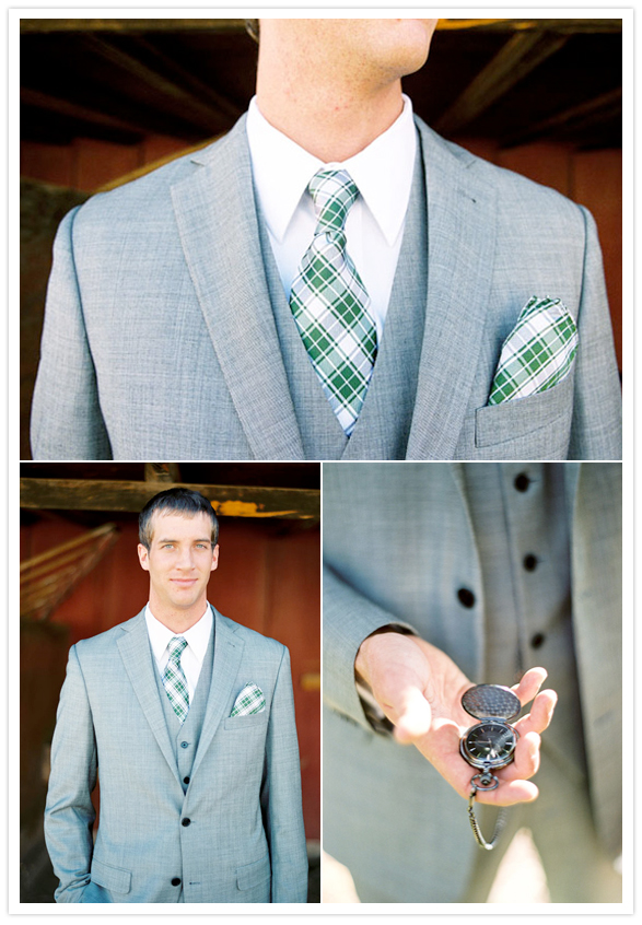 heather gray suit and green plaid accents