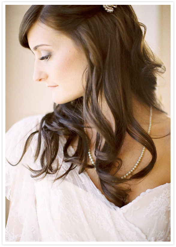 lace overlay dress, pearl necklace and vintage barrette 