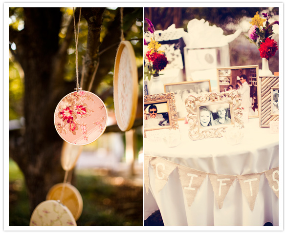 hanging floral fabrics and gifts table