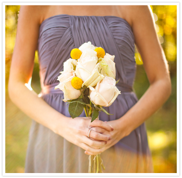 white rose and craspedia bridesmaid bouquets