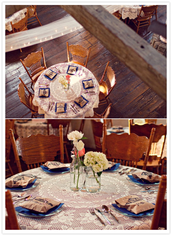 rustic lace-covered tables
