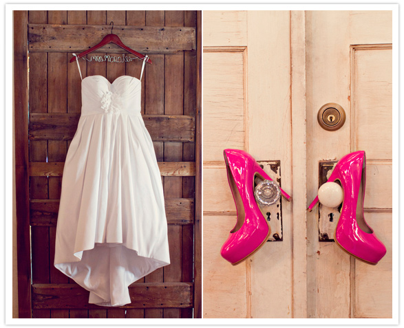 shin length wedding dress and hot pink heels