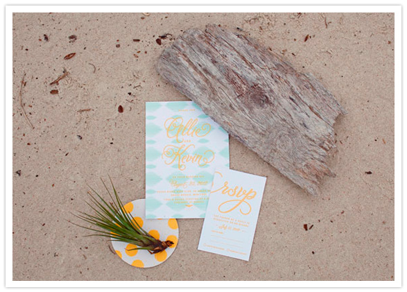 blue and yellow patterned wedding invites