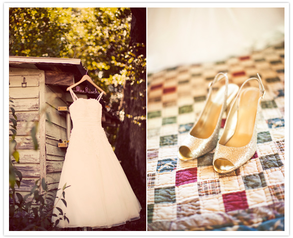 calf-length chiffon wedding dress and sparkle gold shoes