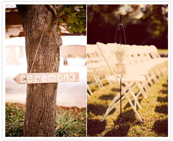 wooden ceremony sign and wedding aisle accents