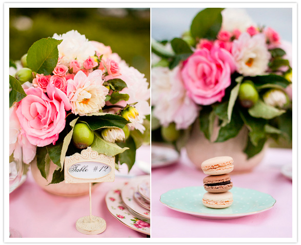 delicate table numbers and stack of macaroons