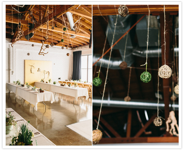 hanging twig balls and clean white tablecloths 