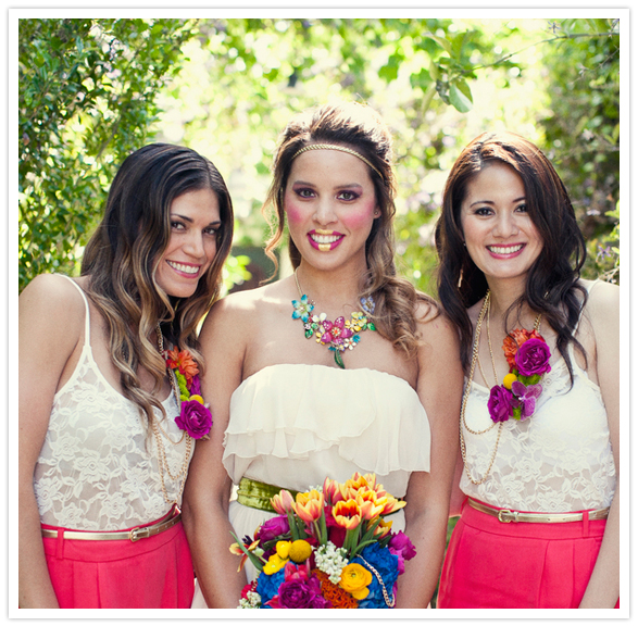 bright pink pencil skirts and floral leis