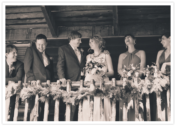 rustic cabin bridal party photo
