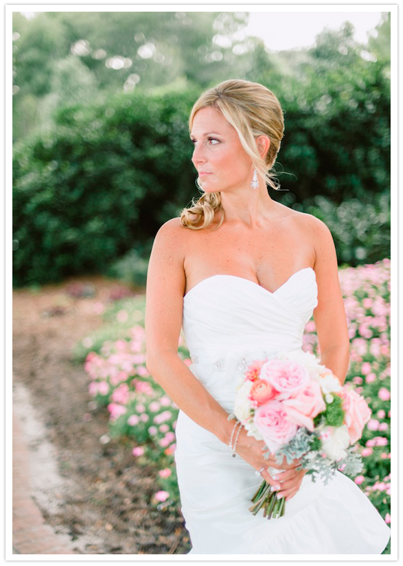 Watters & Watters wedding dress and pale pink bouquet