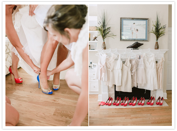 blue suede wedding shoes and red bridesmaid shoes