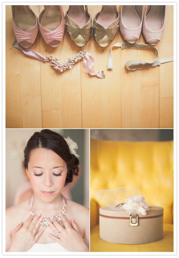 hues of pink wedding shoes and bird cage veil