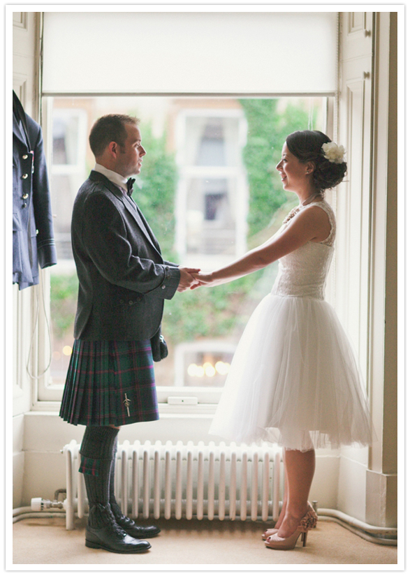 traditional Scottish kilt and Kitty & Dulcie reception dress