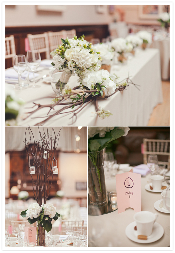 white floral and branch centerpieces 