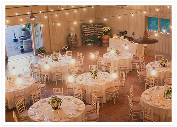 hanging twinkle lights in a white venue