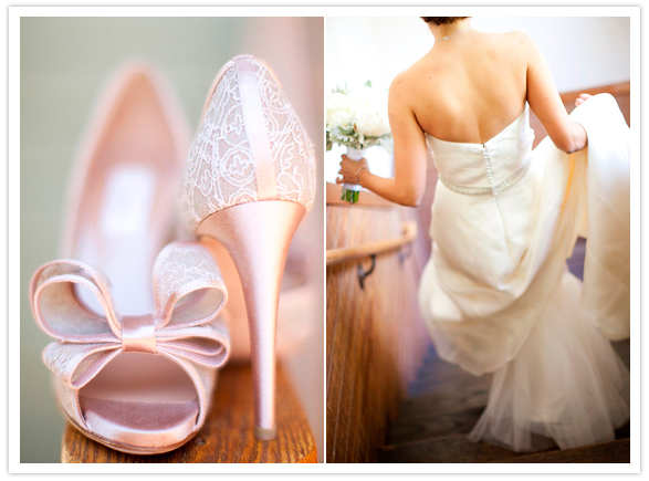 Valentino bow shoes and Amsale Cecily wedding dress