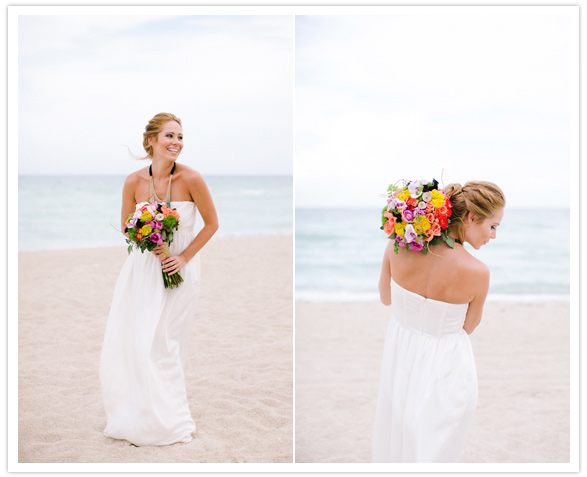 Grecian style wedding dress and vibrant bouquet