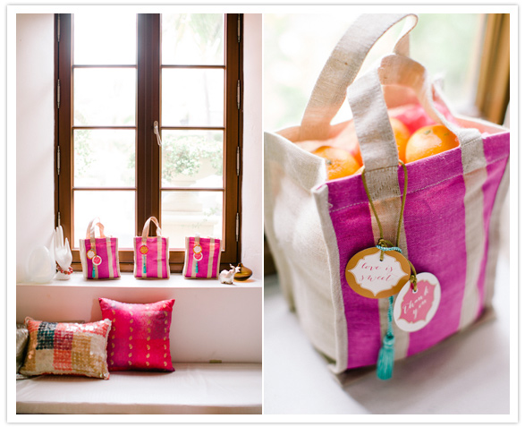 colorful Moroccan style canvas gift bags filled with oranges