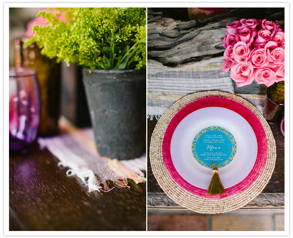 colorful plate chargers, tassels and rustic linens