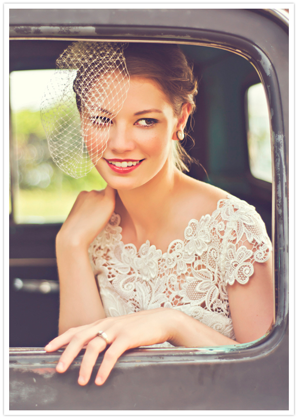 off the shoulder lace gown and bird cage veil