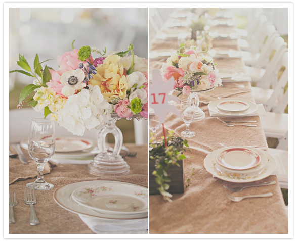 burlap table linens and floral china flatware