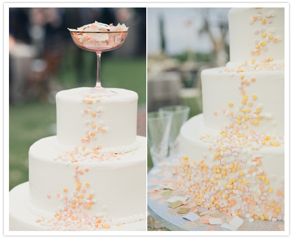 confetti-covered wedding cake and confetti-filled goblet cake topper