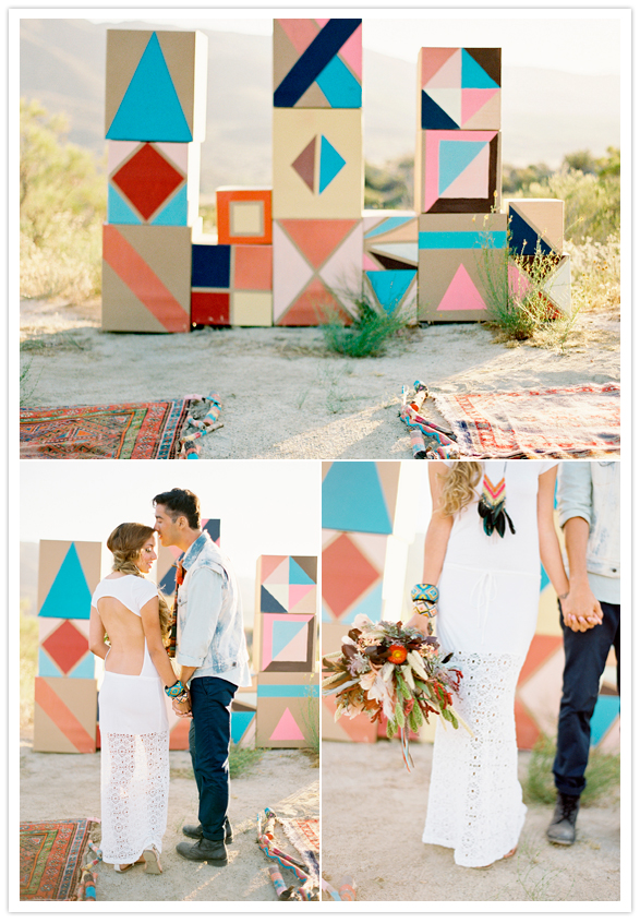 geometric wedding alter backdrop and southwestern patterned rugs
