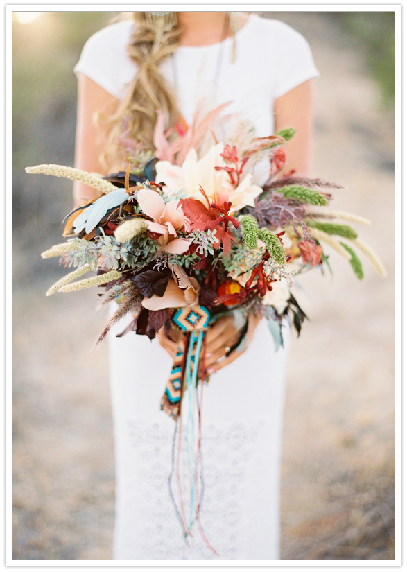 feather and floral southwestern inspired bouquet