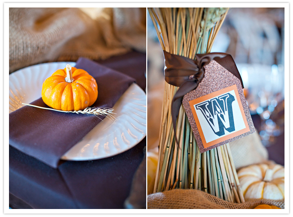 mini pumpkins and gathered wheat centerpieces