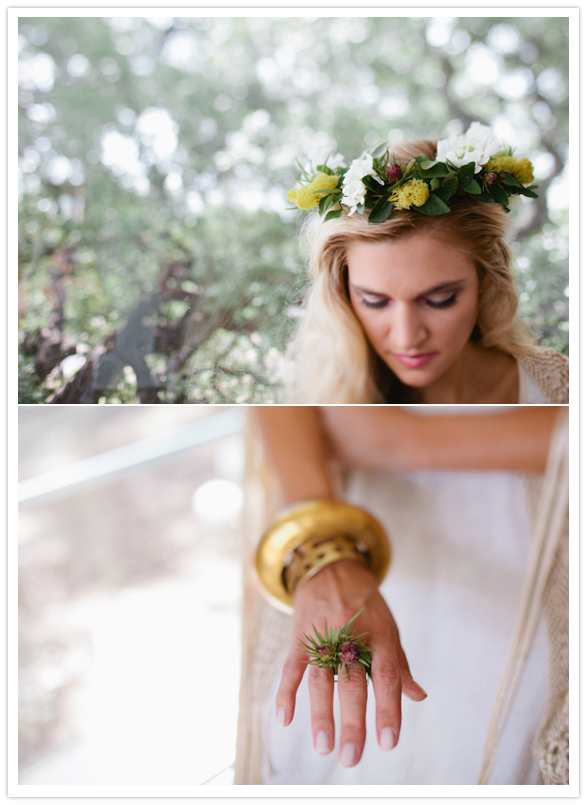 floral crown, gold bangles and a pine cone  ring