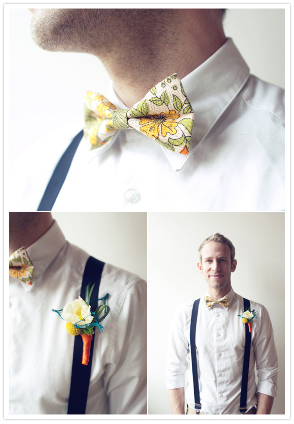 floral bow tie and white boutonniere 