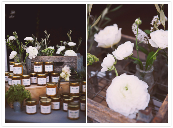 milk crate flower boxes and custom labeled honey jars