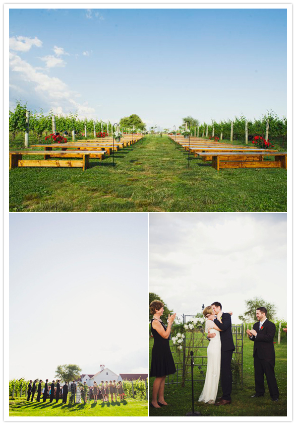 outdoor garden wedding with wooden bench seating