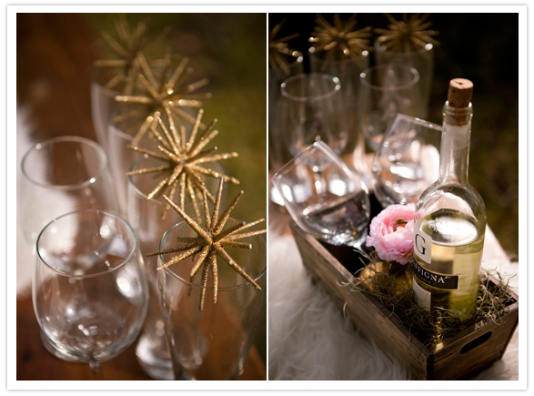 gold glitter snowflakes and faux fur bar setting