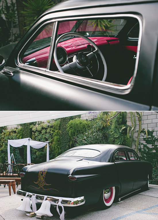 black 1950 Ford Custom with red interior