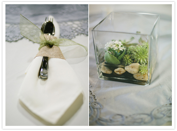white table linens and green succulent terrariums