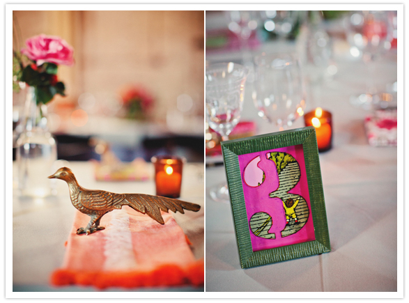 gold animal figurines and framed table numbers