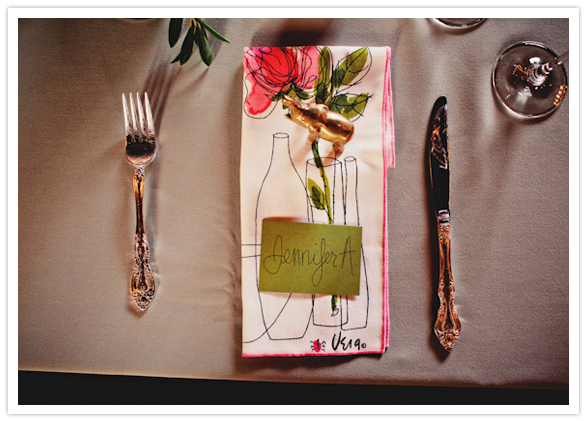 illustrated table linens and gold animal figurines