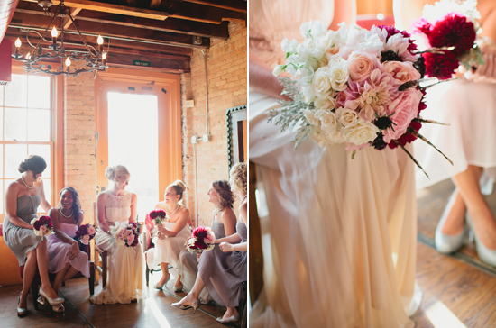 pale pink florals and shades of purple bridesmaid dresses