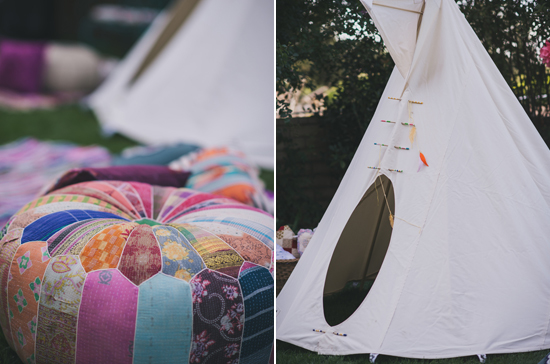 outdoor teepee and quilted poufs